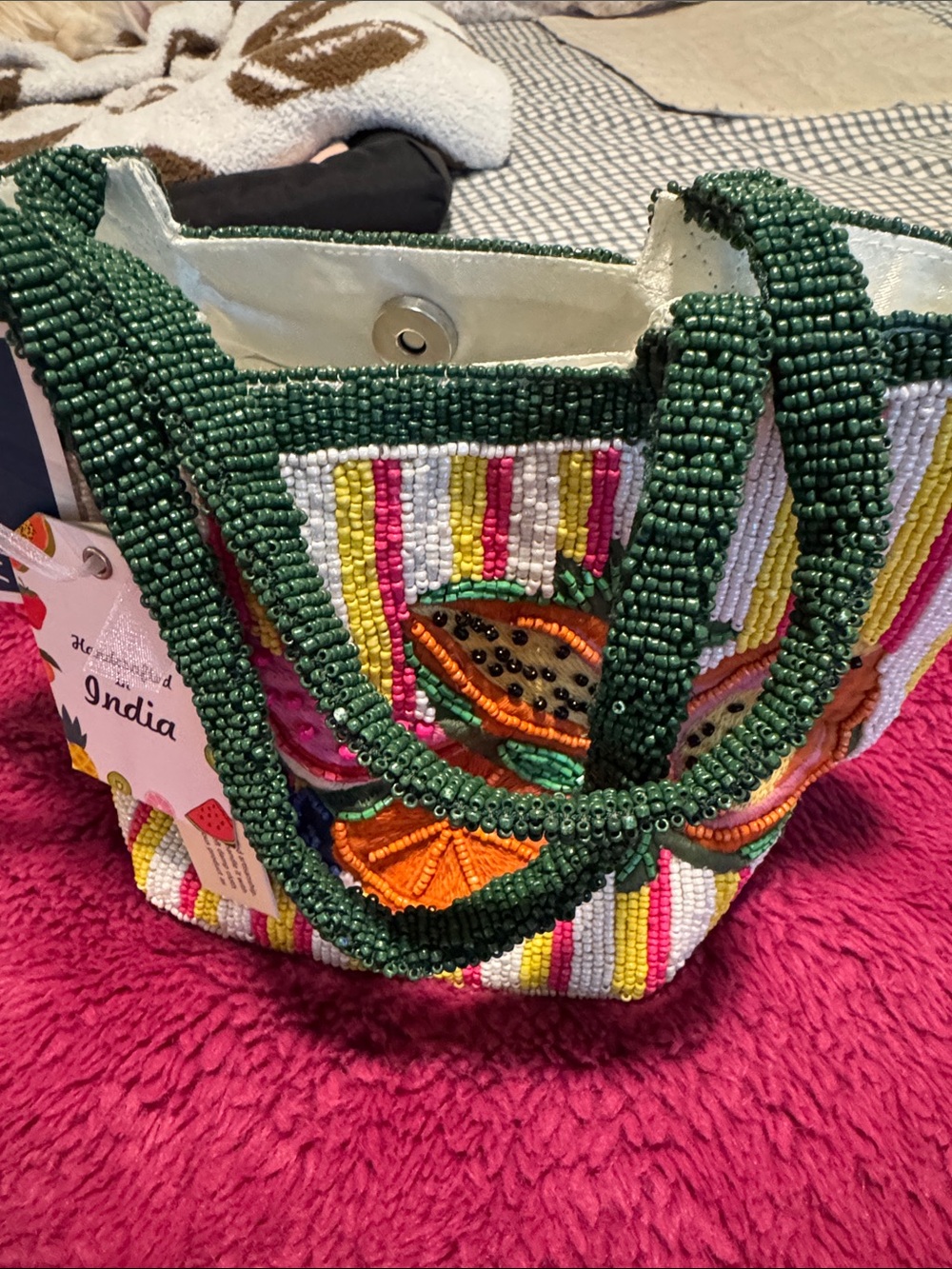 Hand-Beaded Tropical Fruit Tote in Green and Multicolor - Picture 6 of 9